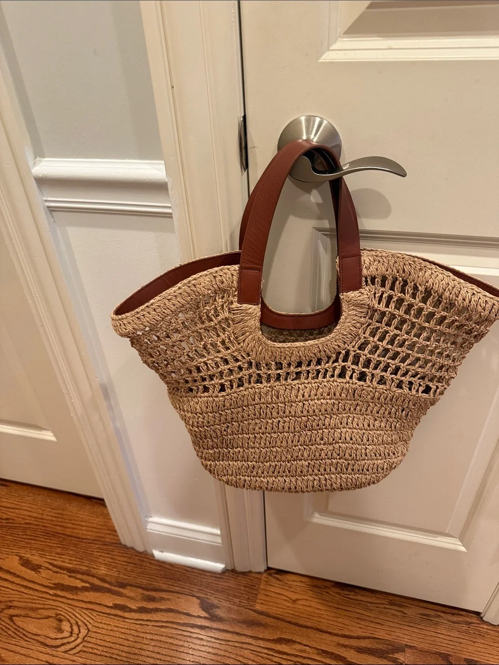 COS Woven Straw Tote Bag with Brown Leather Handles - Picture 2 of 5